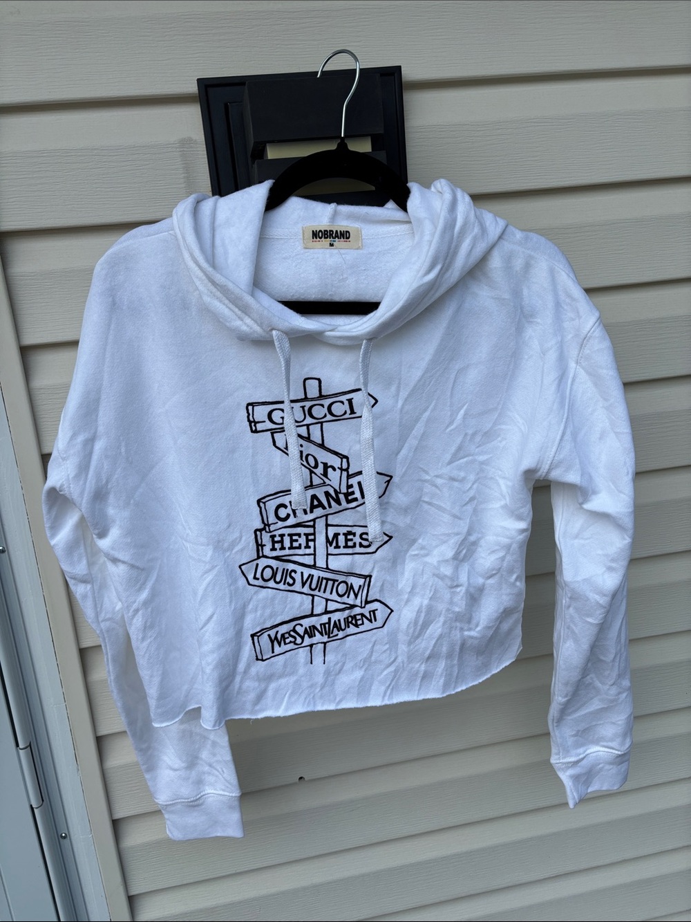 NO BRAND White Cropped Black LOGO Hoodie Sweatshirt-M - Picture 3 of 5